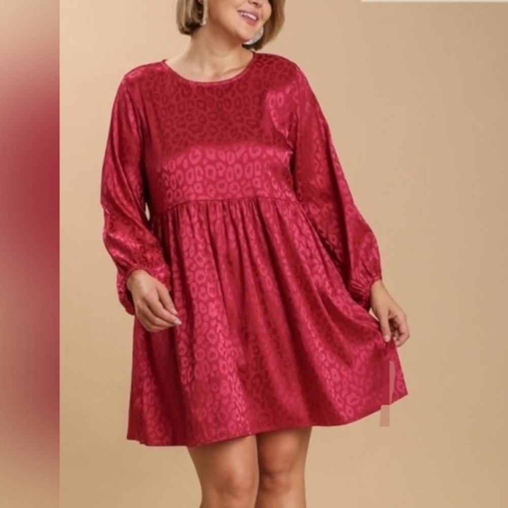 Umgee Leopard Animal Print Dress New Burgundy Red long sleeve